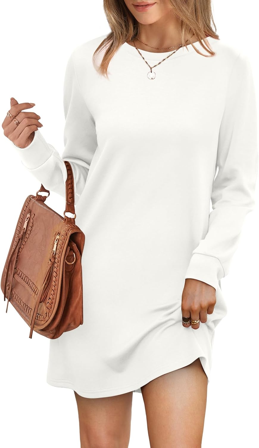 Women's Long Sleeve Casual Loose Fit Fall Fashion Crewneck Mini Dress with Pockets