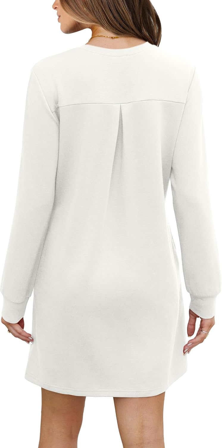 Women's Long Sleeve Casual Loose Fit Fall Fashion Crewneck Mini Dress with Pockets