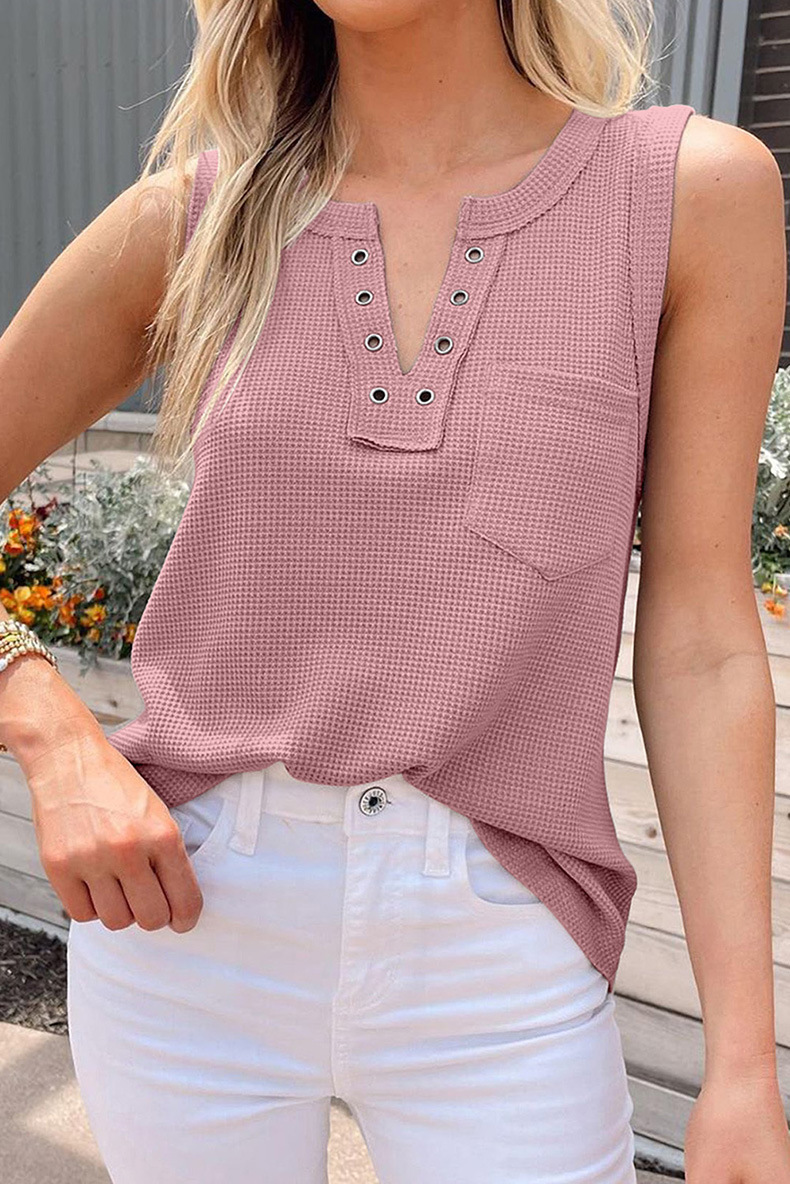 🔥V neckline with grommet decor Grommet Waffle Tank