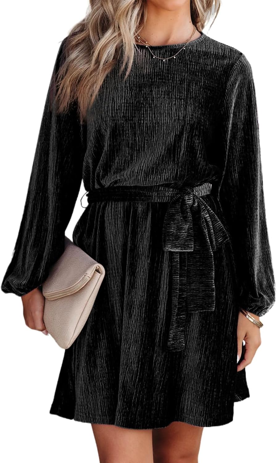 Women's Velvet Lantern Sleeve High Waist Dress