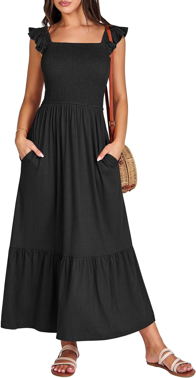 Women’s Summer Maxi Dress Square Neck Ruffle Sleeveless Smocked Tiered Casual Beach Sundress with Pockets