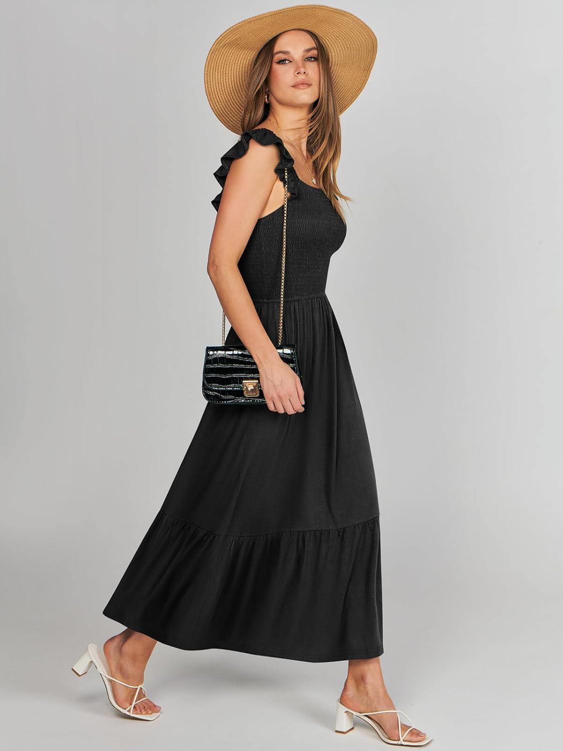 Women’s Summer Maxi Dress Square Neck Ruffle Sleeveless Smocked Tiered Casual Beach Sundress with Pockets