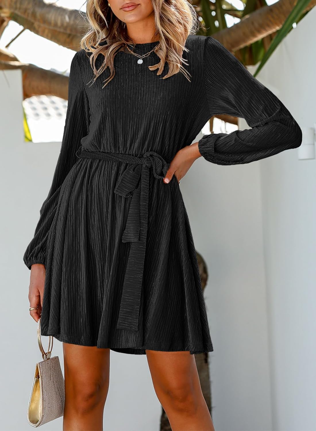 Women's Velvet Lantern Sleeve High Waist Dress
