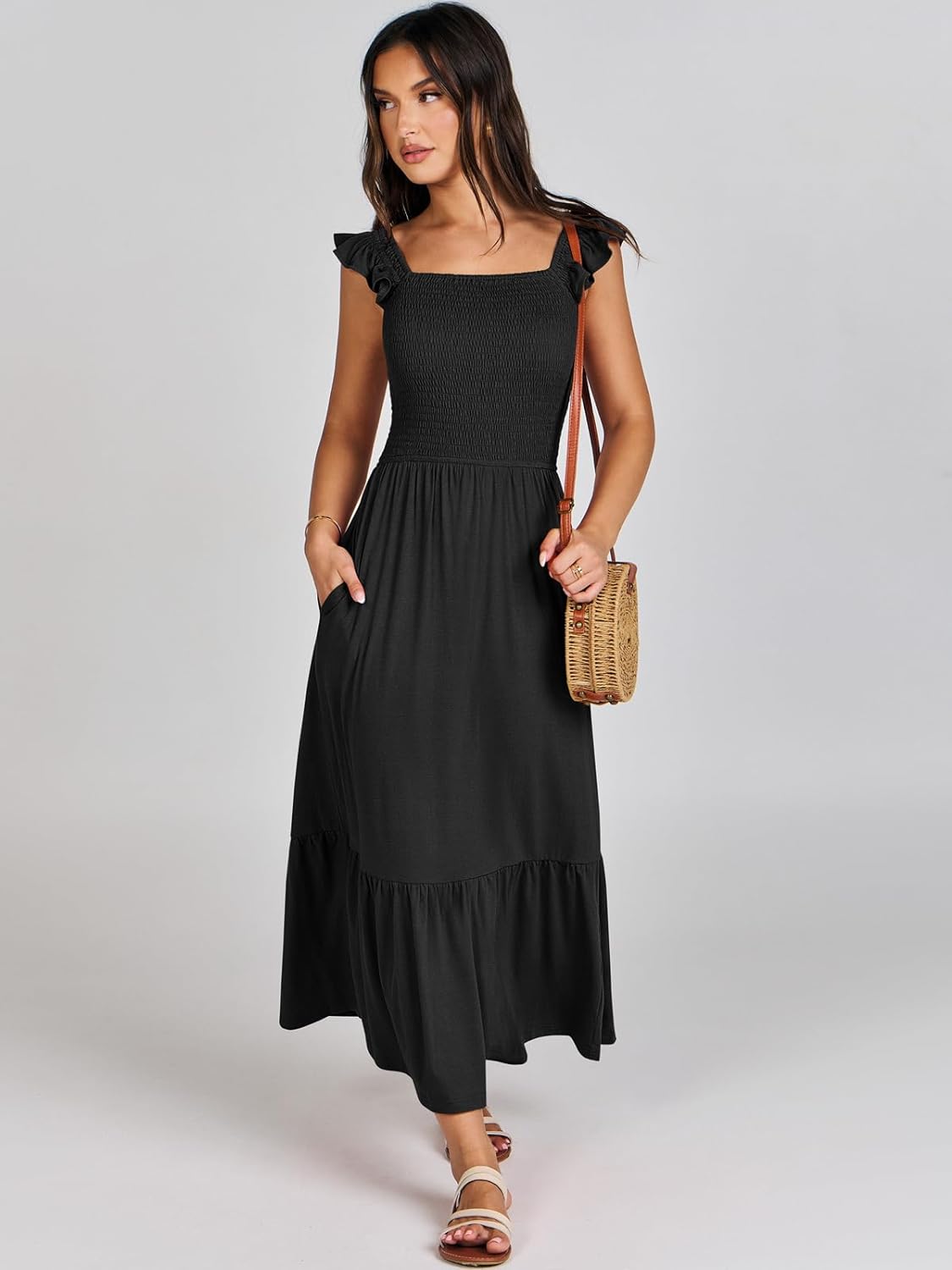 Women’s Summer Maxi Dress Square Neck Ruffle Sleeveless Smocked Tiered Casual Beach Sundress with Pockets