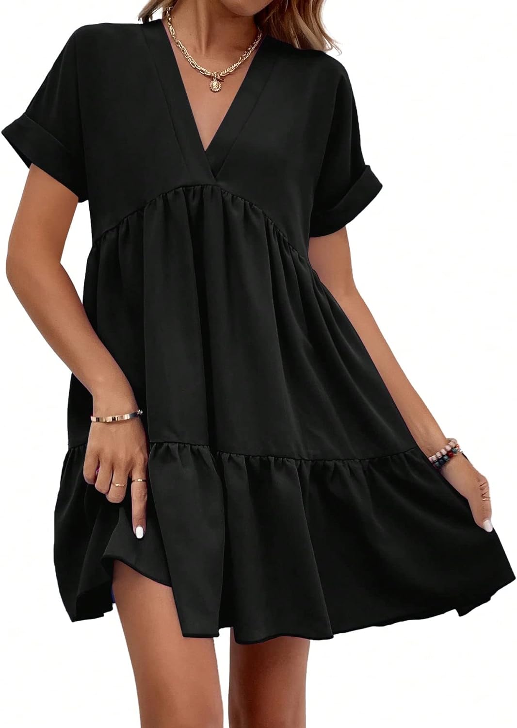 Women's Roll Up Short Sleeve V Neck Solid Smock Dress