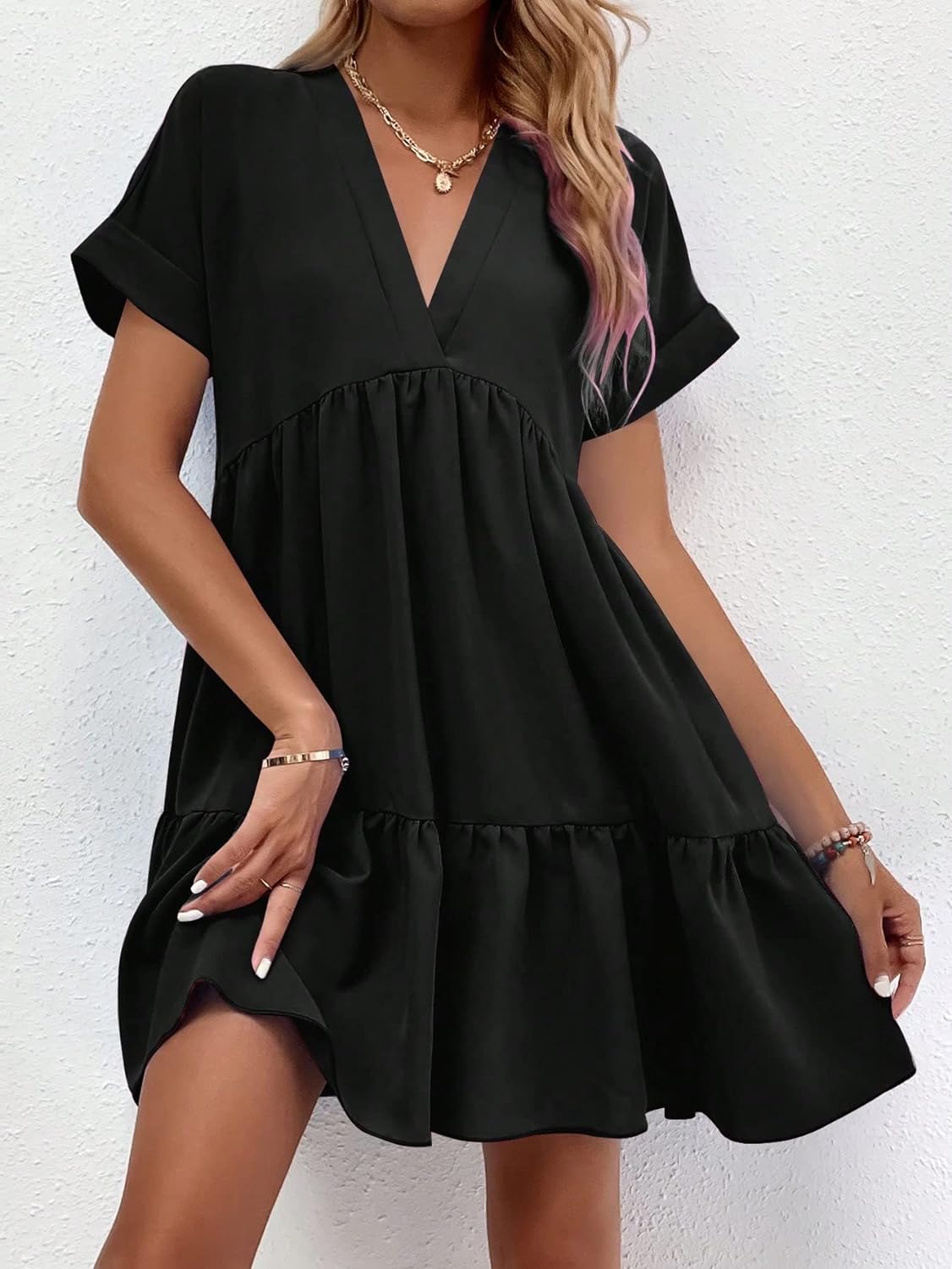 Women's Roll Up Short Sleeve V Neck Solid Smock Dress
