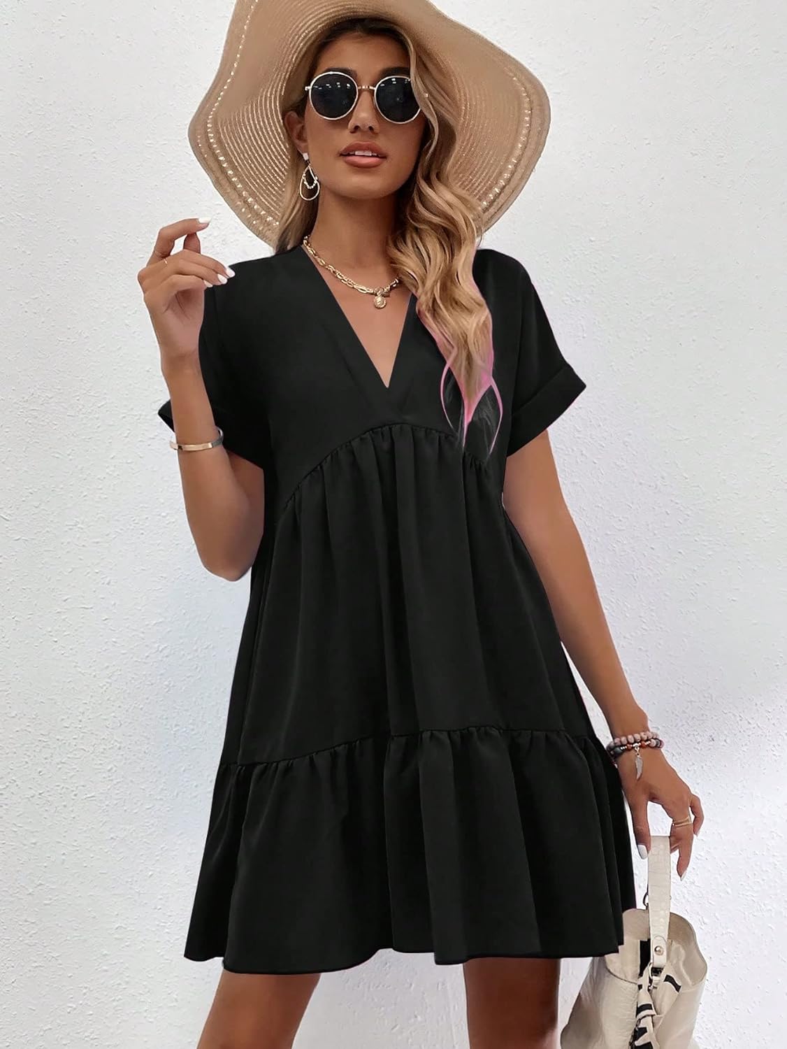 Women's Roll Up Short Sleeve V Neck Solid Smock Dress