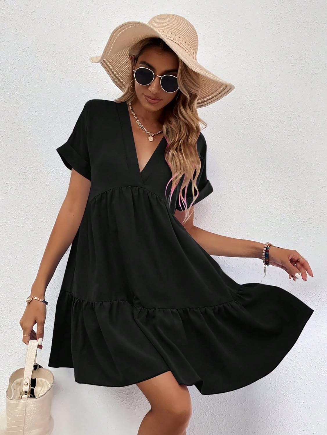 Women's Roll Up Short Sleeve V Neck Solid Smock Dress