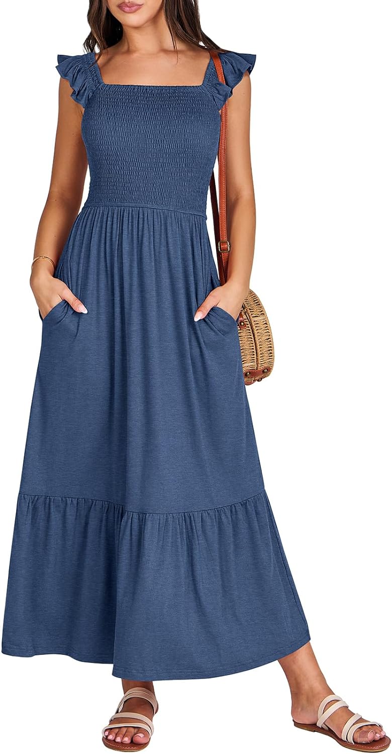 Women’s Summer Maxi Dress Square Neck Ruffle Sleeveless Smocked Tiered Casual Beach Sundress with Pockets