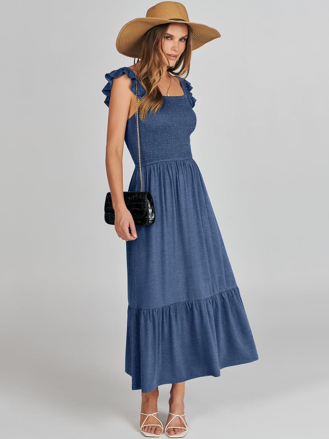 Women’s Summer Maxi Dress Square Neck Ruffle Sleeveless Smocked Tiered Casual Beach Sundress with Pockets