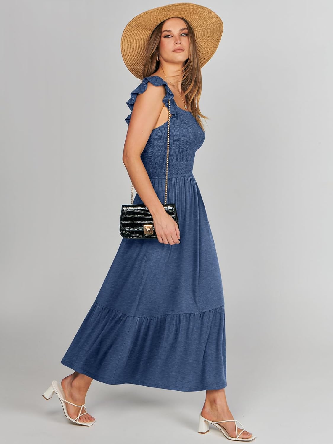 Women’s Summer Maxi Dress Square Neck Ruffle Sleeveless Smocked Tiered Casual Beach Sundress with Pockets