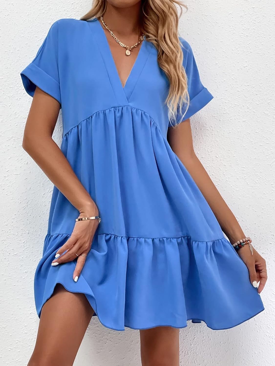 Women's Roll Up Short Sleeve V Neck Solid Smock Dress