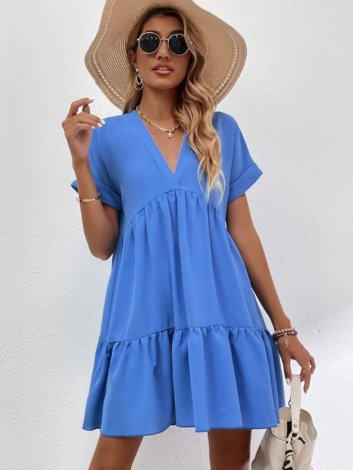 Women's Roll Up Short Sleeve V Neck Solid Smock Dress