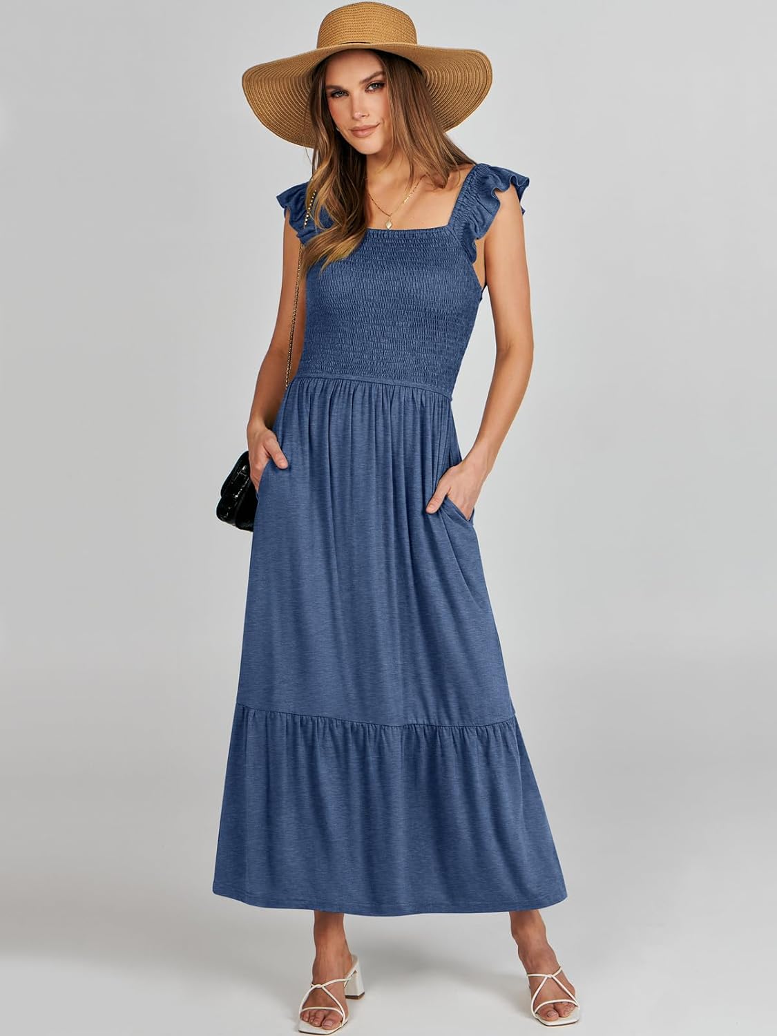 Women’s Summer Maxi Dress Square Neck Ruffle Sleeveless Smocked Tiered Casual Beach Sundress with Pockets