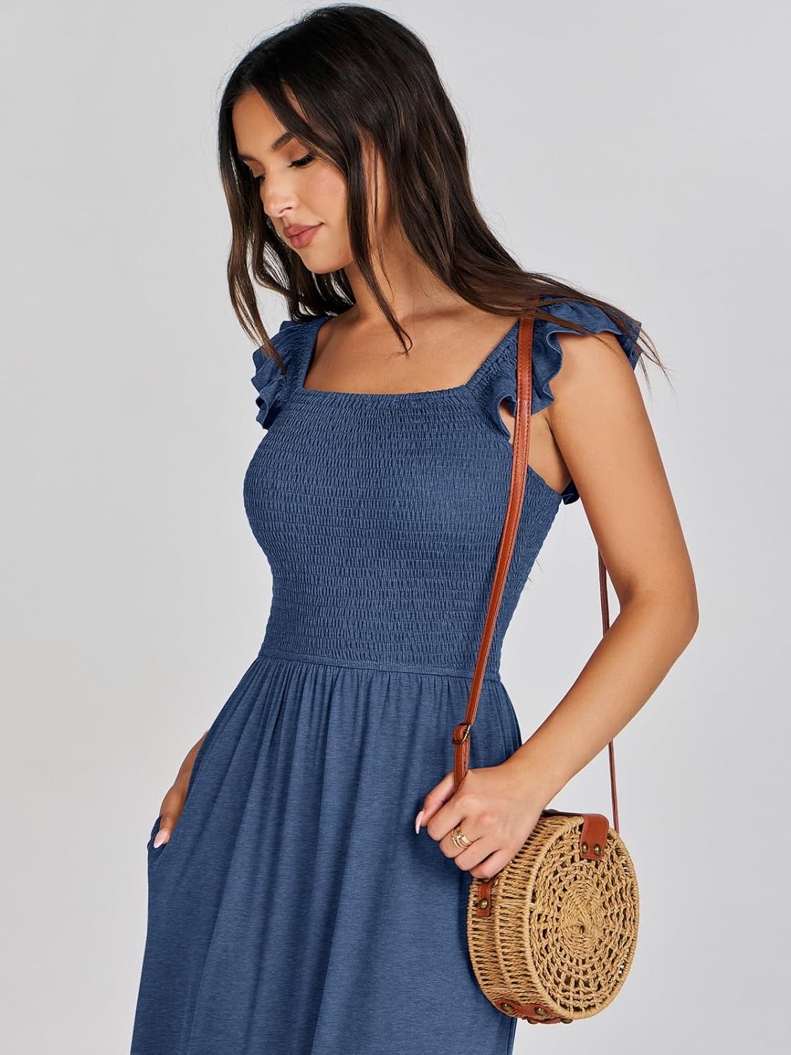 Women’s Summer Maxi Dress Square Neck Ruffle Sleeveless Smocked Tiered Casual Beach Sundress with Pockets