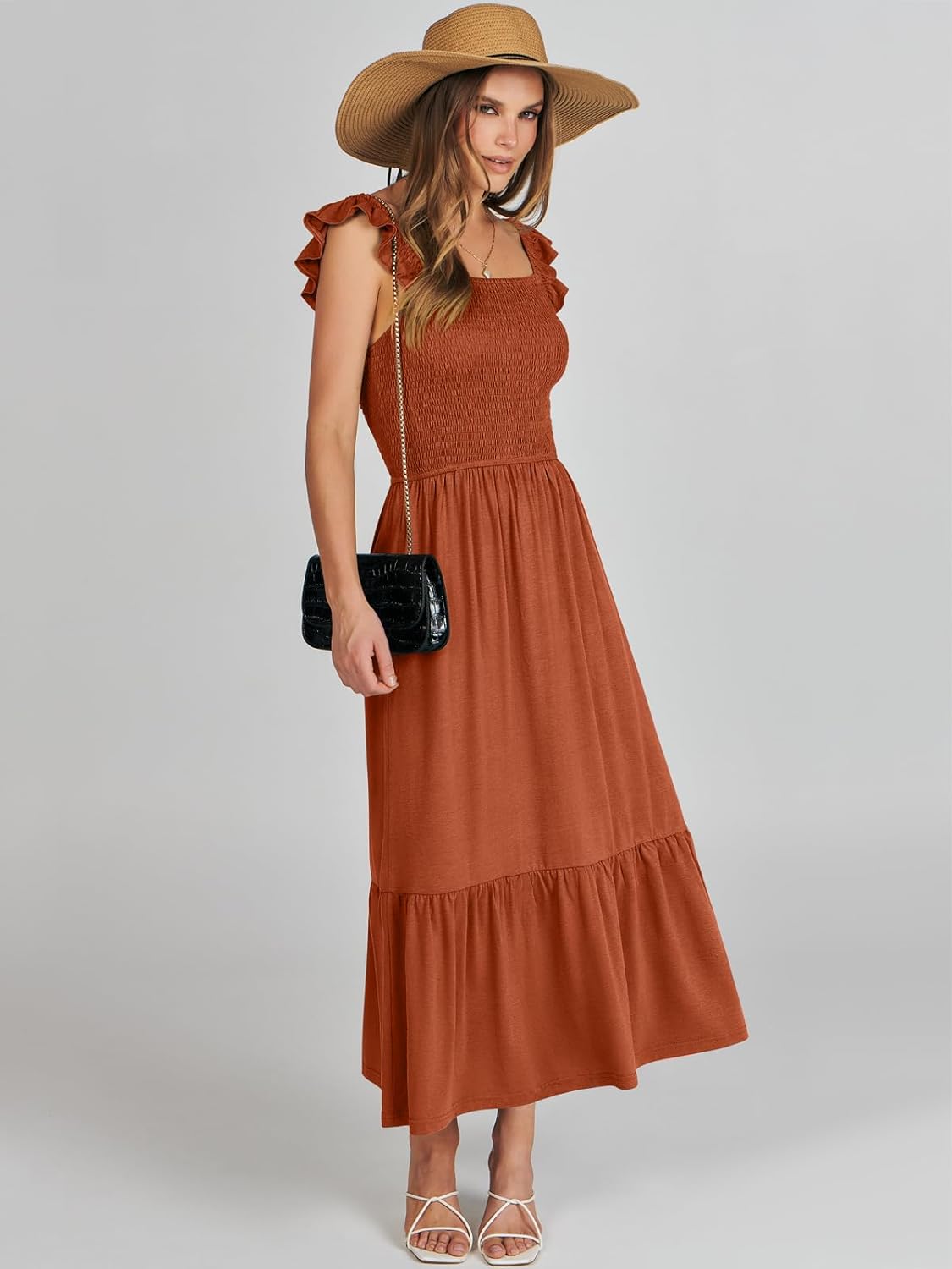 Women’s Summer Maxi Dress Square Neck Ruffle Sleeveless Smocked Tiered Casual Beach Sundress with Pockets