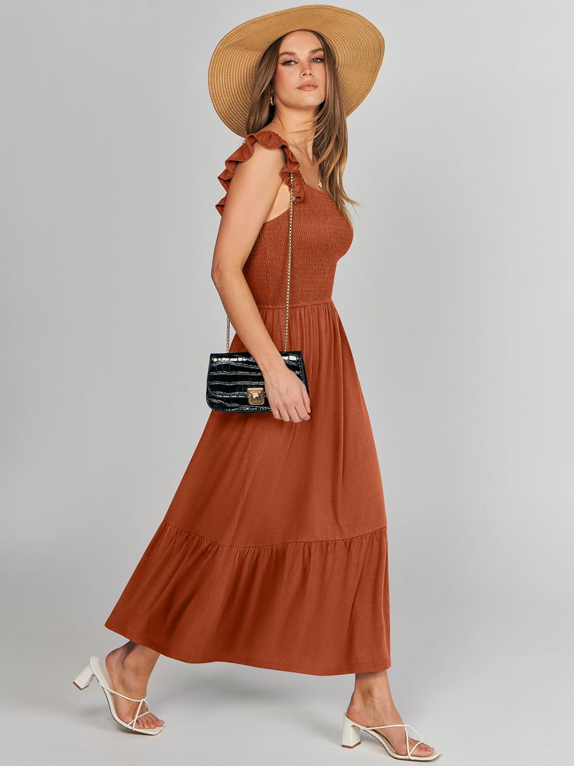 Women’s Summer Maxi Dress Square Neck Ruffle Sleeveless Smocked Tiered Casual Beach Sundress with Pockets