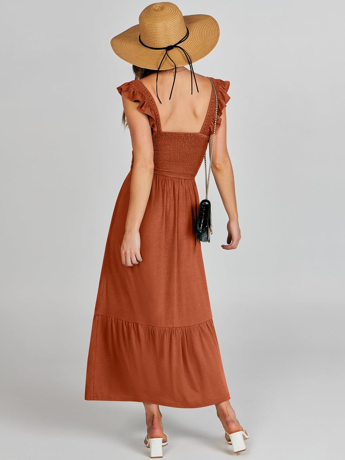 Women’s Summer Maxi Dress Square Neck Ruffle Sleeveless Smocked Tiered Casual Beach Sundress with Pockets