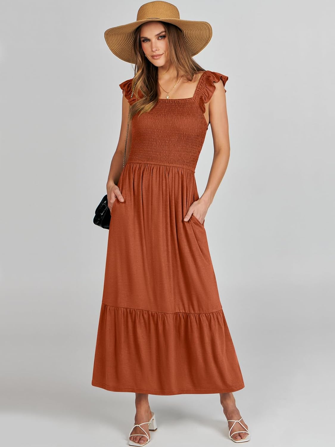 Women’s Summer Maxi Dress Square Neck Ruffle Sleeveless Smocked Tiered Casual Beach Sundress with Pockets