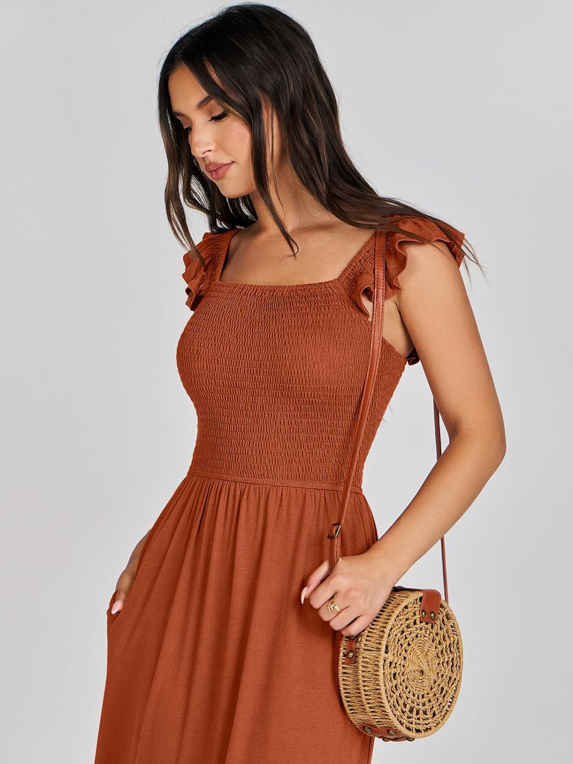 Women’s Summer Maxi Dress Square Neck Ruffle Sleeveless Smocked Tiered Casual Beach Sundress with Pockets