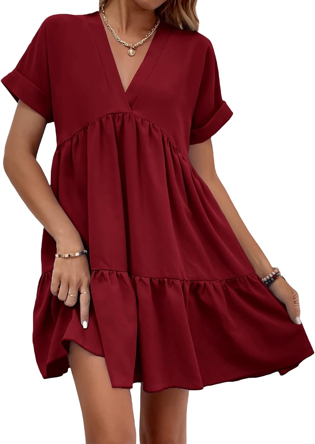 Women's Roll Up Short Sleeve V Neck Solid Smock Dress