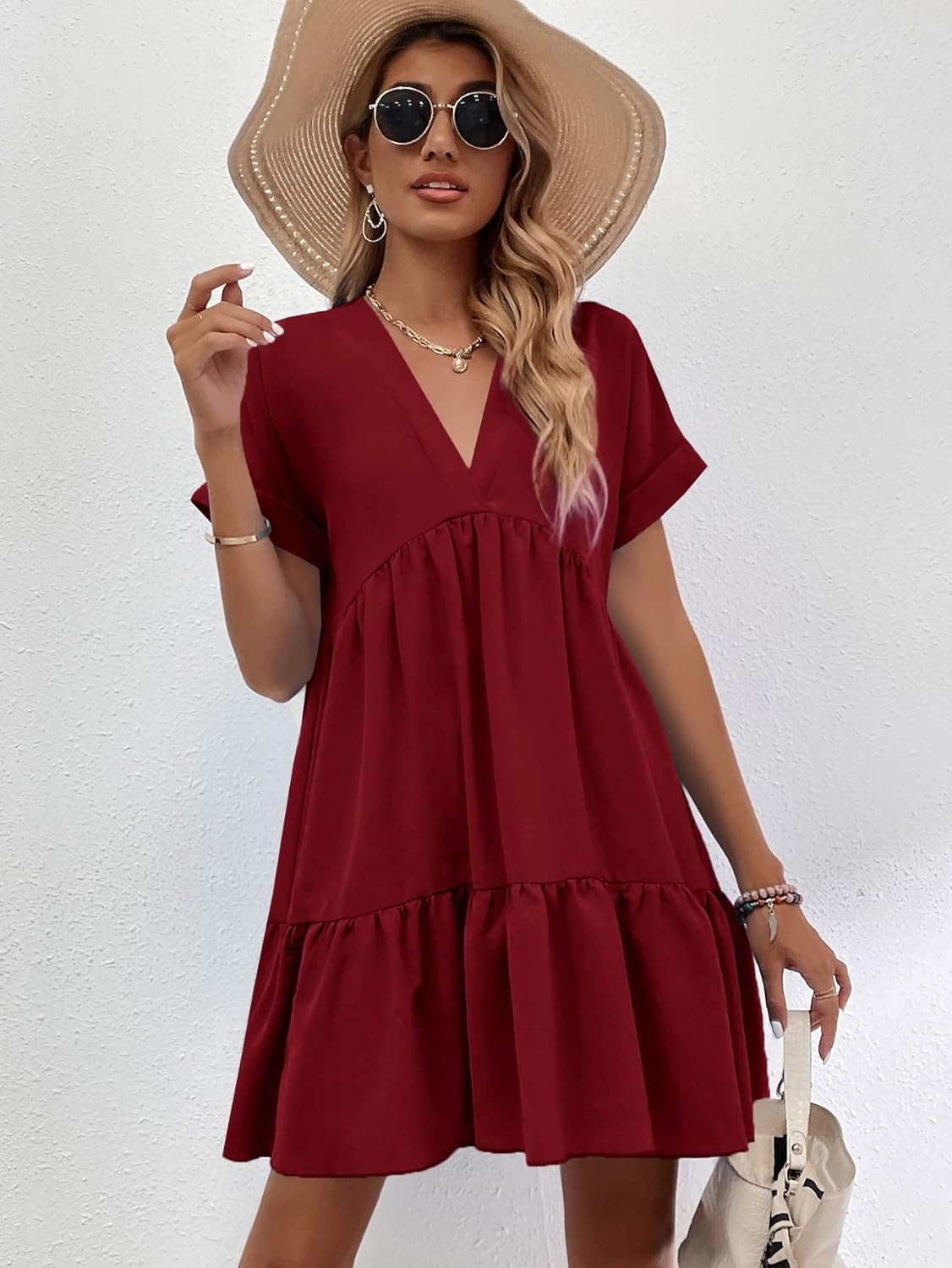 Women's Roll Up Short Sleeve V Neck Solid Smock Dress