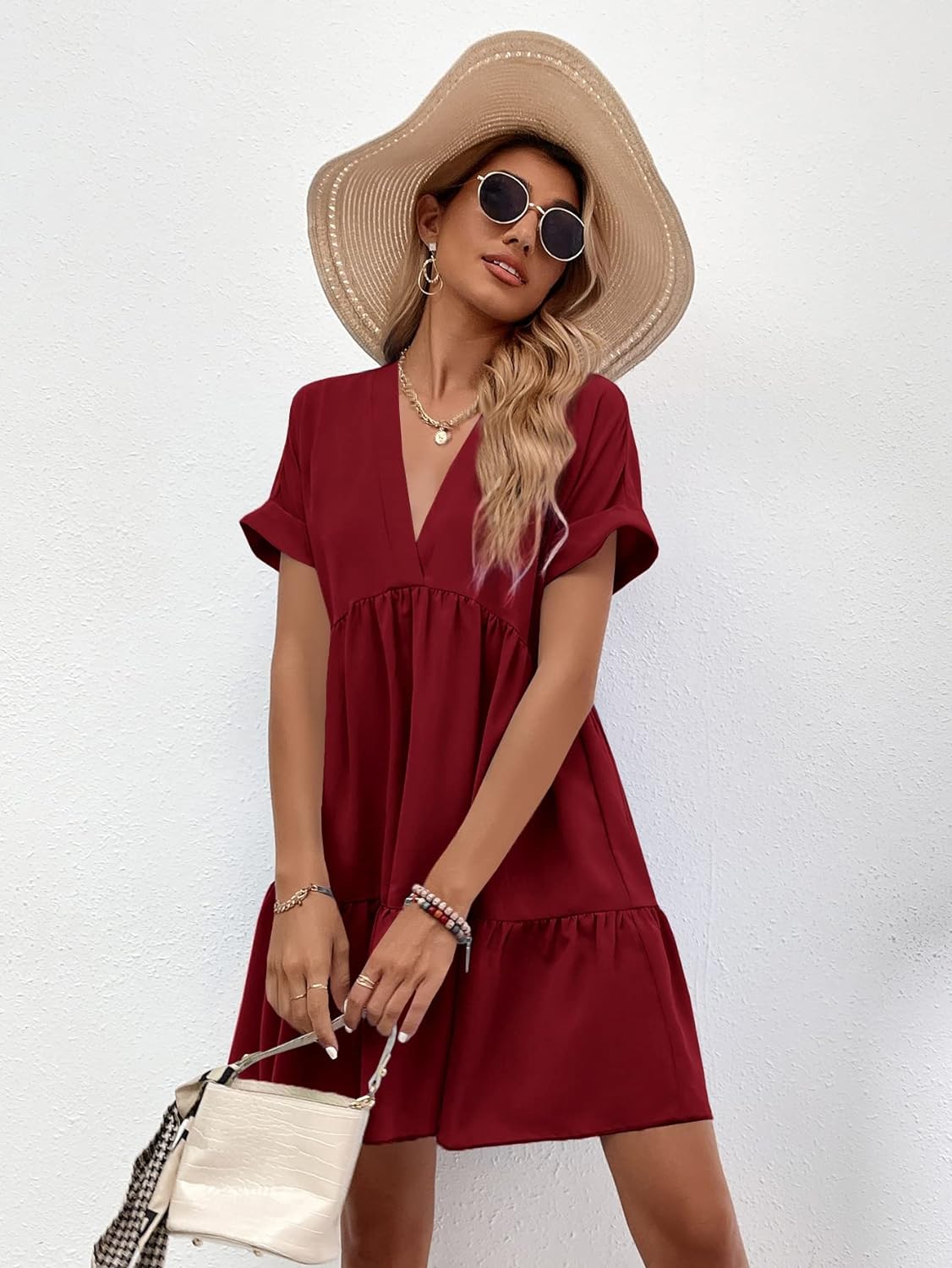 Women's Roll Up Short Sleeve V Neck Solid Smock Dress