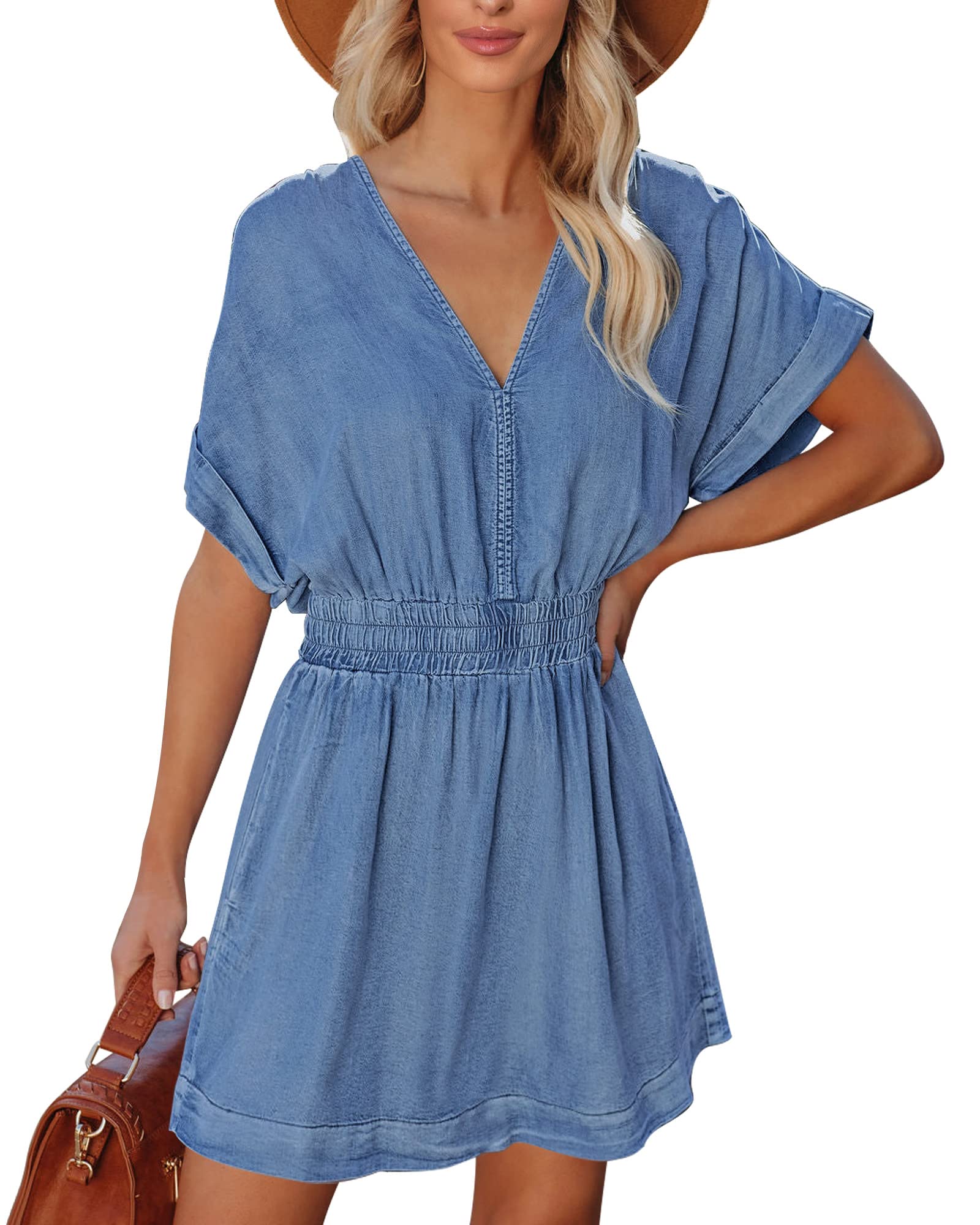 Waistband slimming V-neck denim dress with Pockets