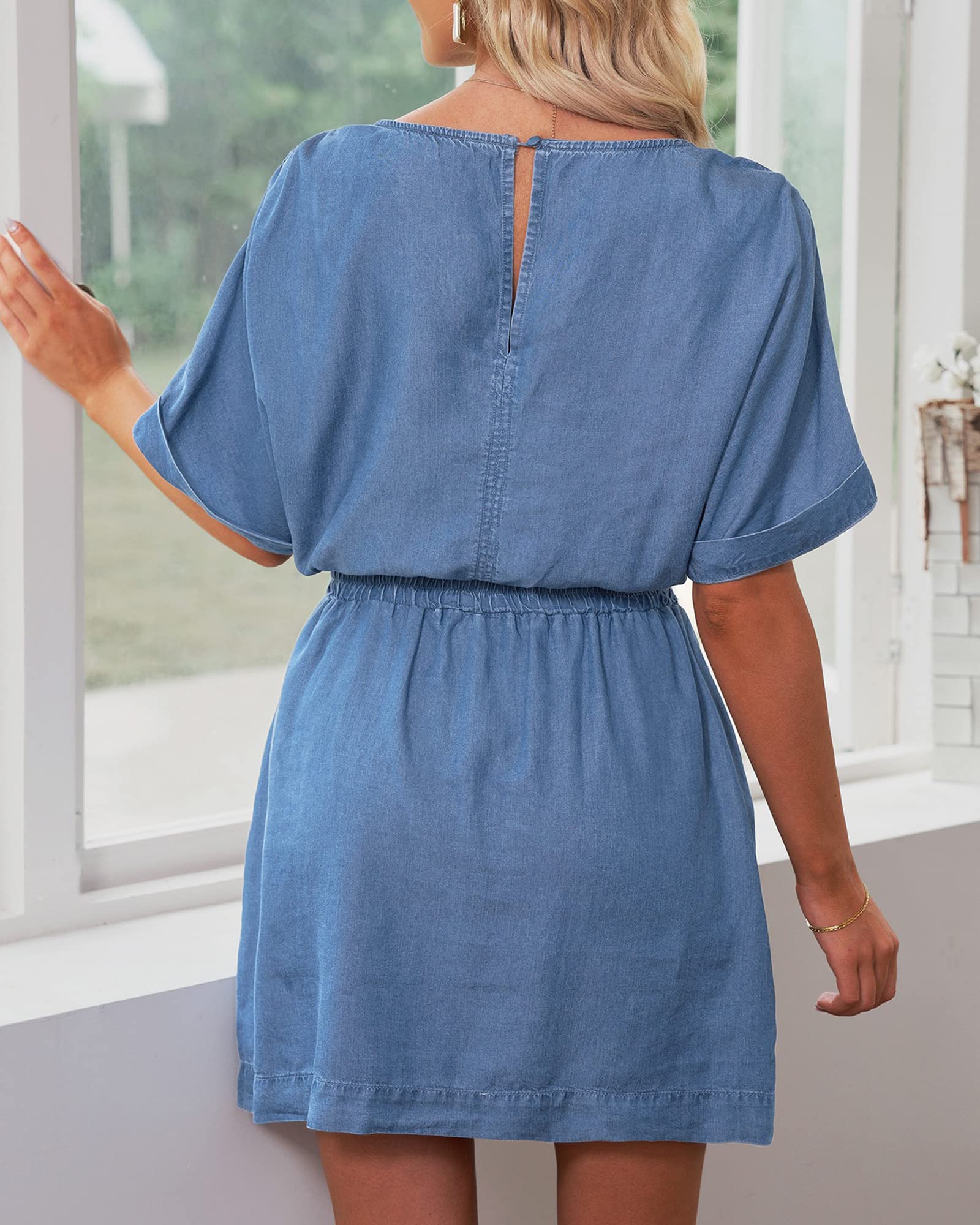 Waistband slimming V-neck denim dress with Pockets