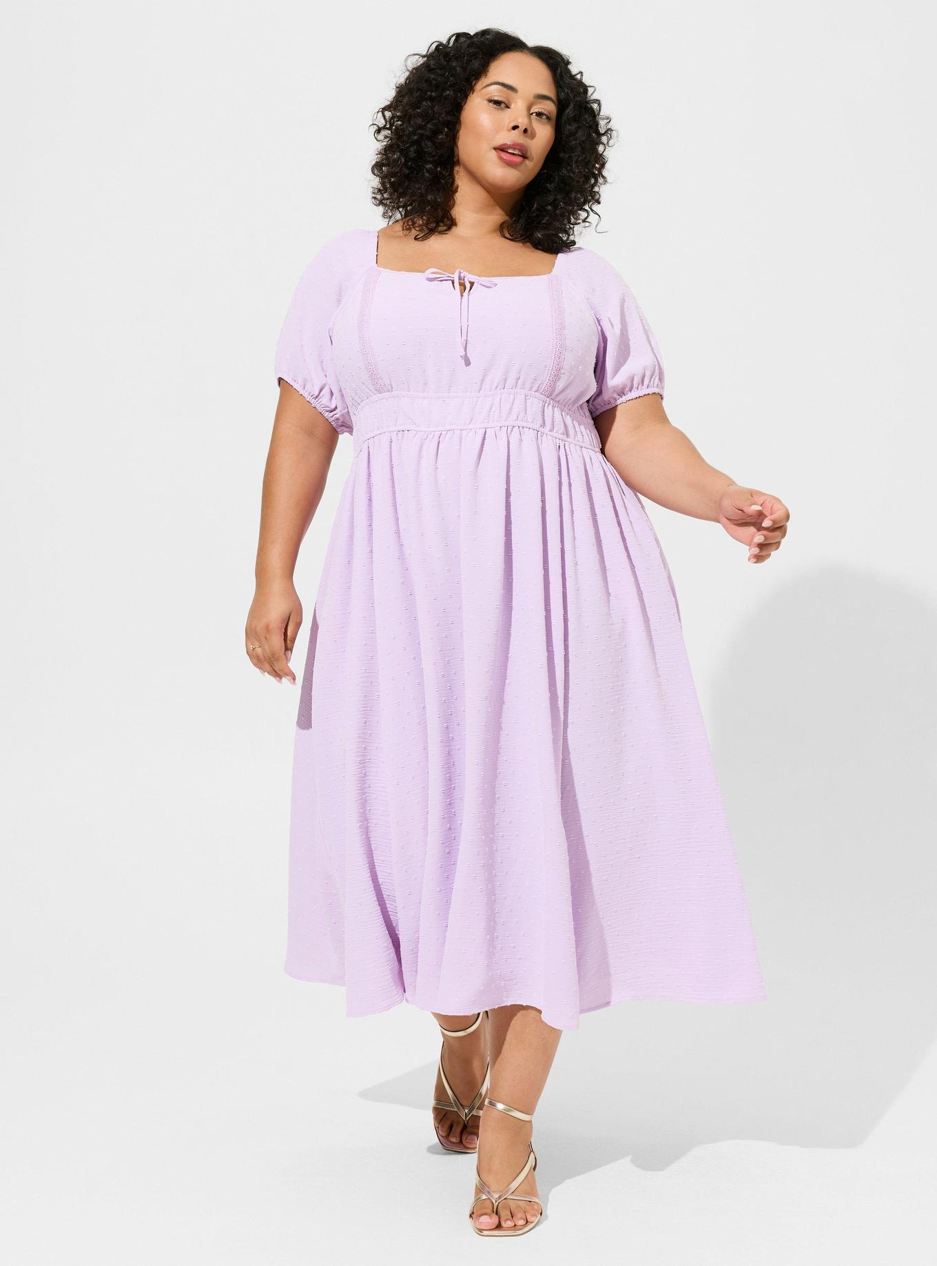 Tea Length Swiss Dot Tie Front Trim A-Line Dress