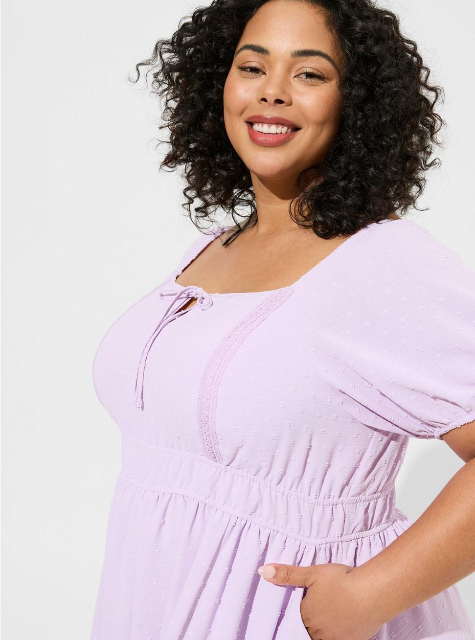 Tea Length Swiss Dot Tie Front Trim A-Line Dress