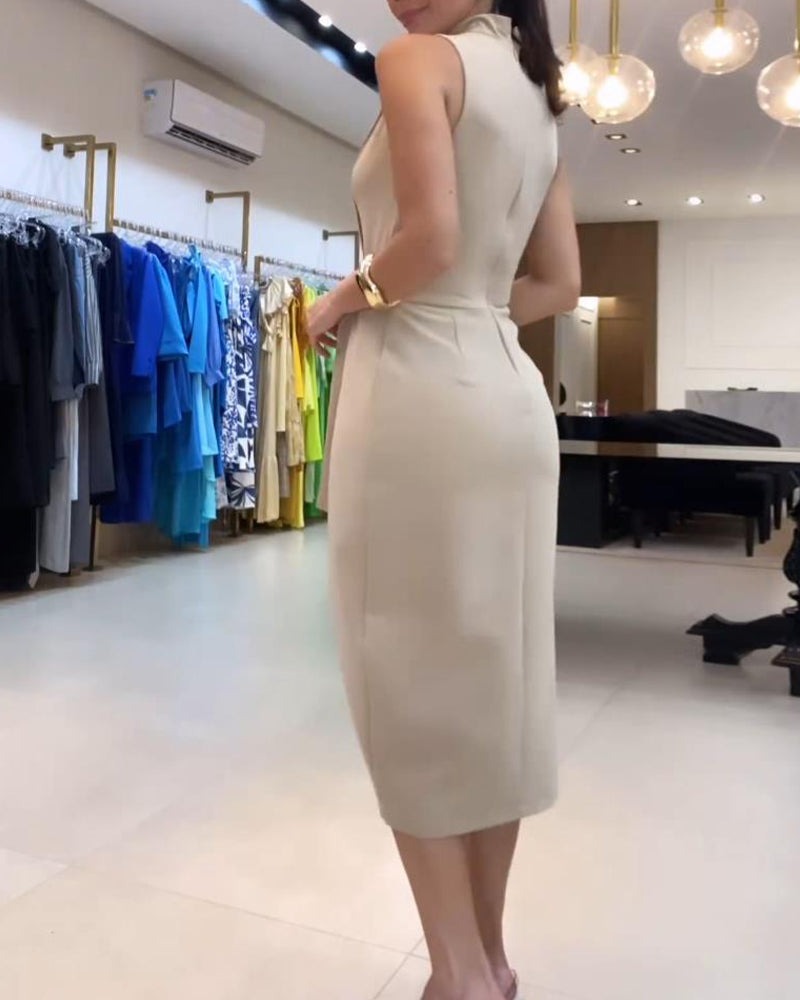 HIGH COLLAR SOLID COLOR SLEEVELESS SLIT DRESS