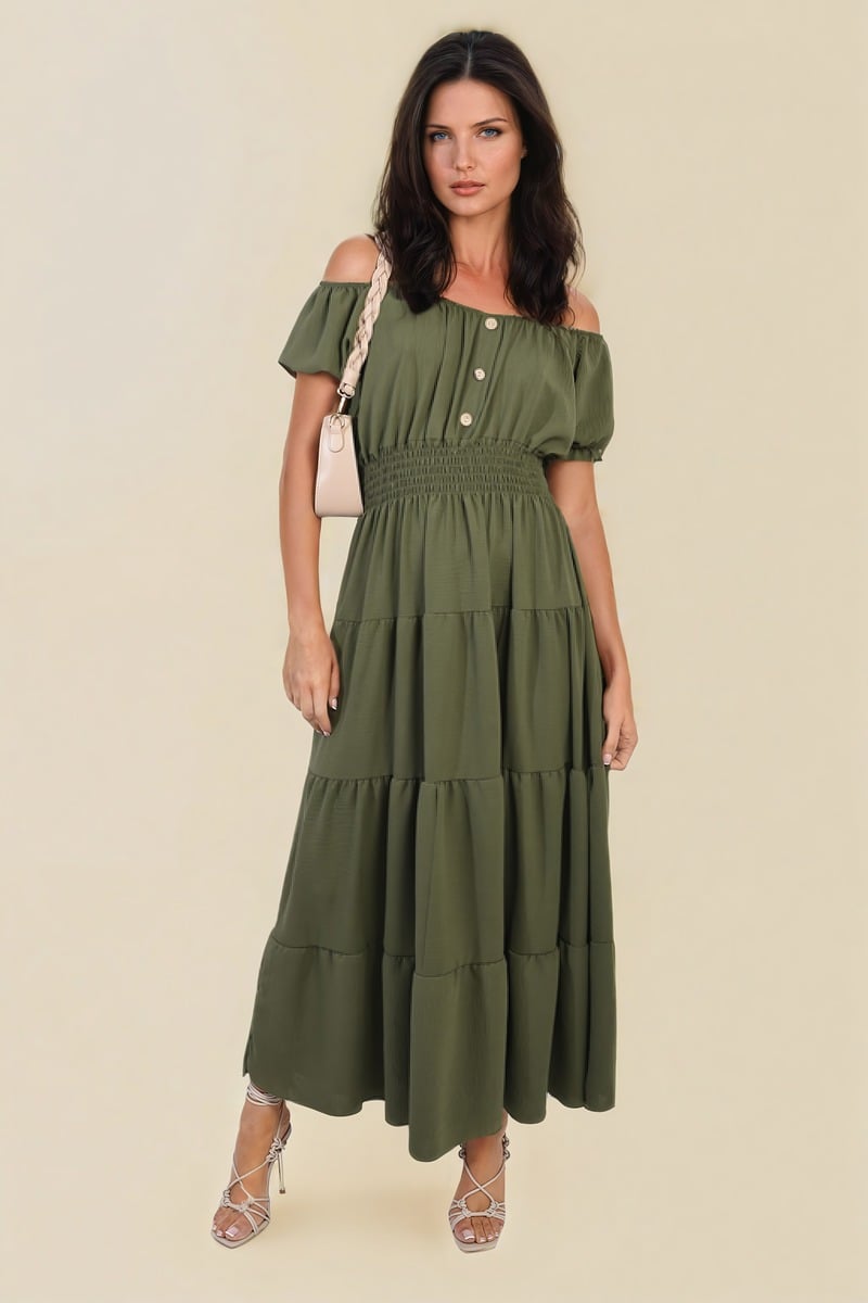 SMOCKED WAIST TIERED MIDI DRESS