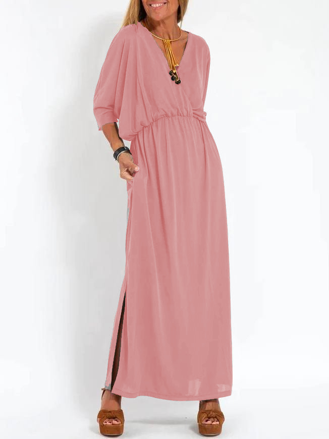 NEW🔥2024 WOMEN’S CASUAL SOLID COLOR HIGH WAIST SPLIT V-NECK DRESS (BUY 2 FREE SHIPPING)