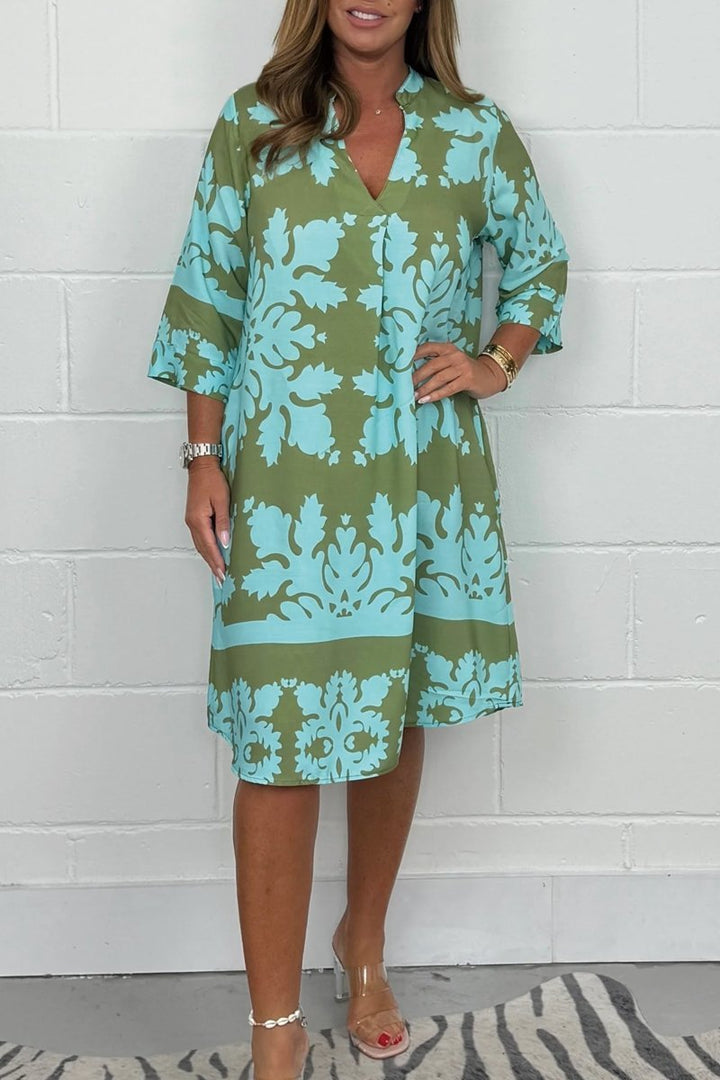 Women's V neck patterned tunic long sleeve dress (Buy 2 Free Shippng)