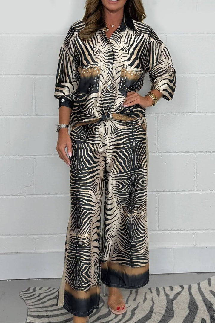 Women's Zebra Print Beaded Satin Shirt & Trouser