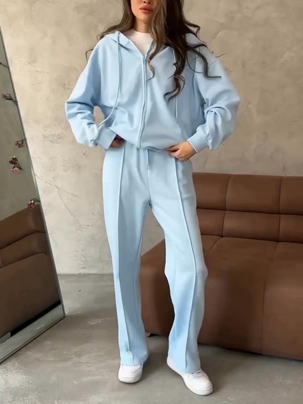 Women's Solid Zip Hoodie Set 