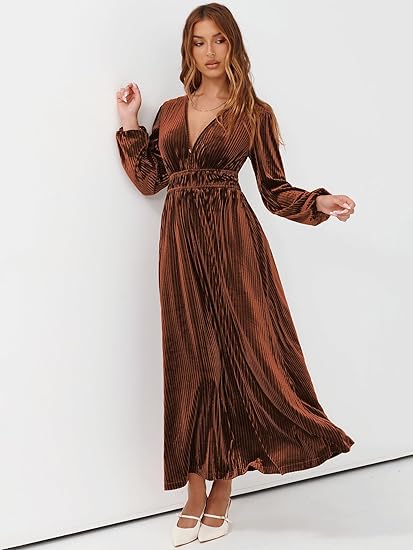  Women's Retro V-Neck Velvet Maxi Dress