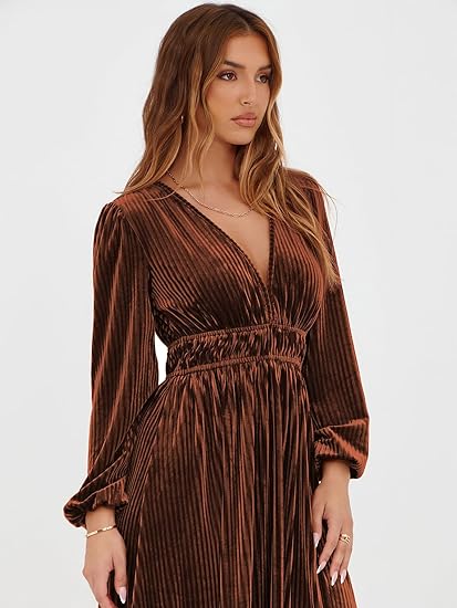  Women's Retro V-Neck Velvet Maxi Dress
