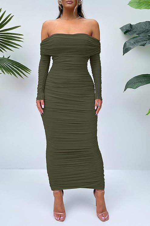  Women's Fall Off Shoulder Maxi Bodycon Dress