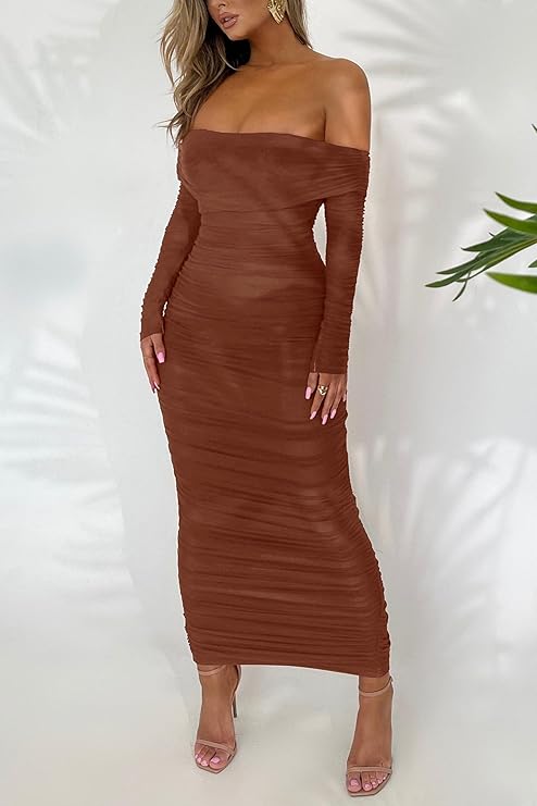  Women's Fall Off Shoulder Maxi Bodycon Dress