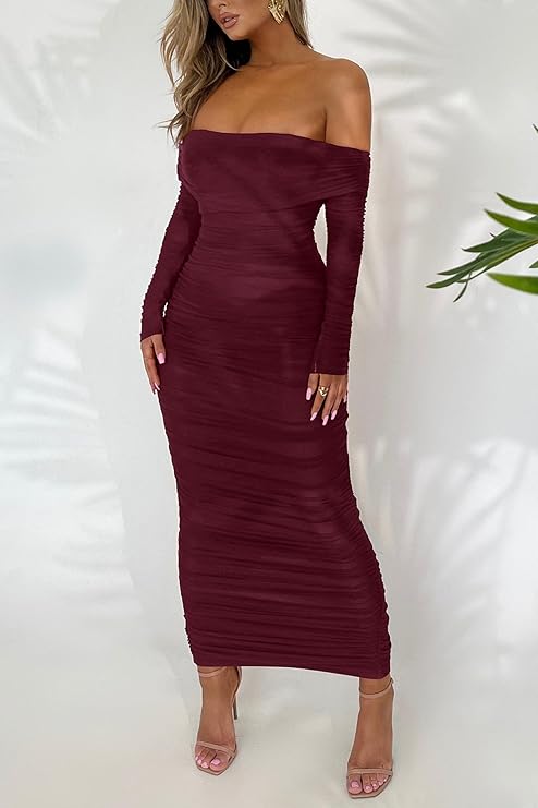  Women's Fall Off Shoulder Maxi Bodycon Dress