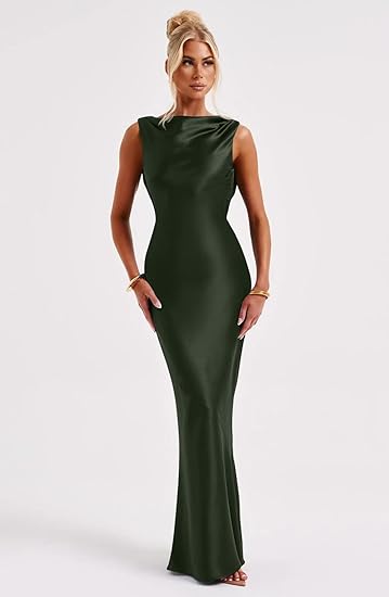Women's Satin Sleeveless High Neck Tie Maxi Dress