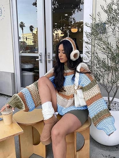 Women's Color Block Striped Chunky Knit Cropped Sweaters