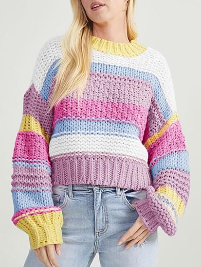 Women's Color Block Striped Chunky Knit Cropped Sweaters