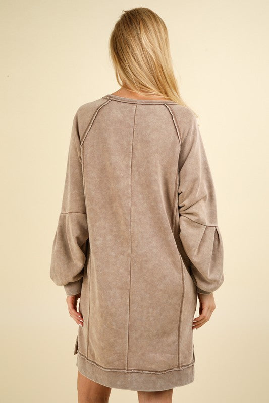Washed Raglan Sleeve Casual Mini Dress