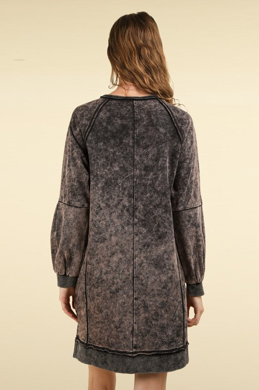 Washed Raglan Sleeve Casual Mini Dress