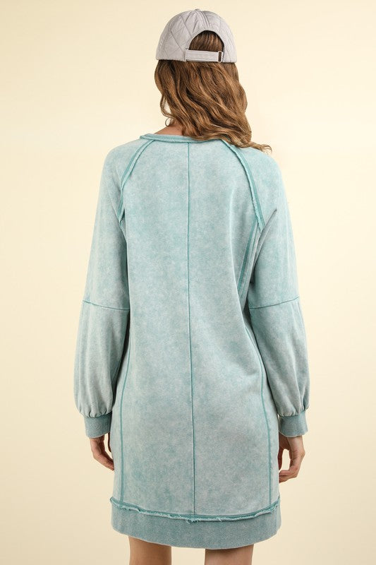 Washed Raglan Sleeve Casual Mini Dress