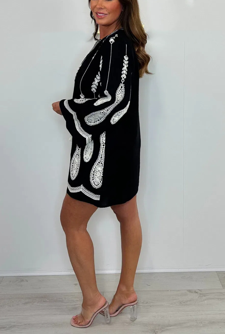 V-Neck Embroidery Tassel Detail Mini Dress 