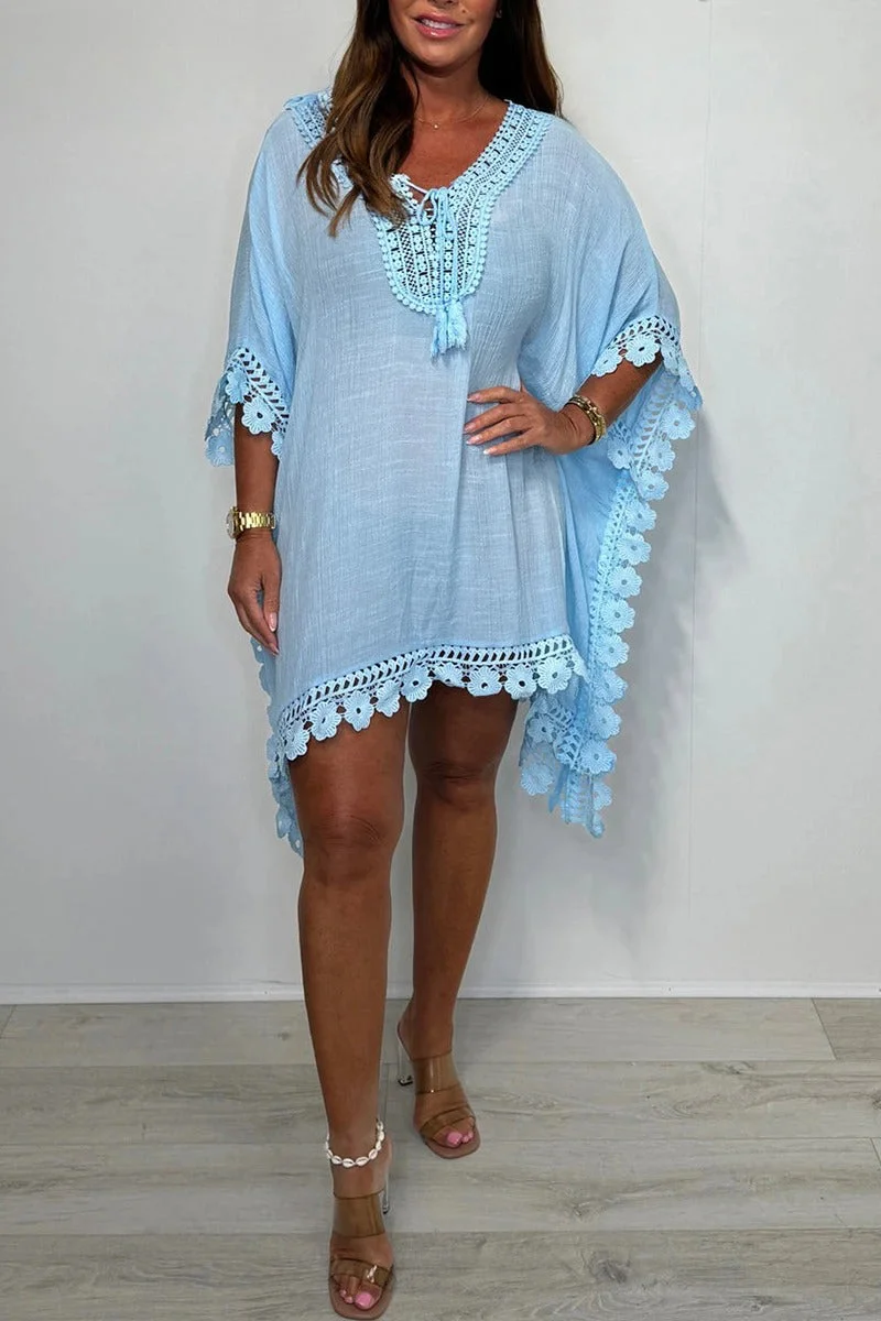 Women's Bat Sleeve Splicing Hollow Edge Holiday Casual Dress